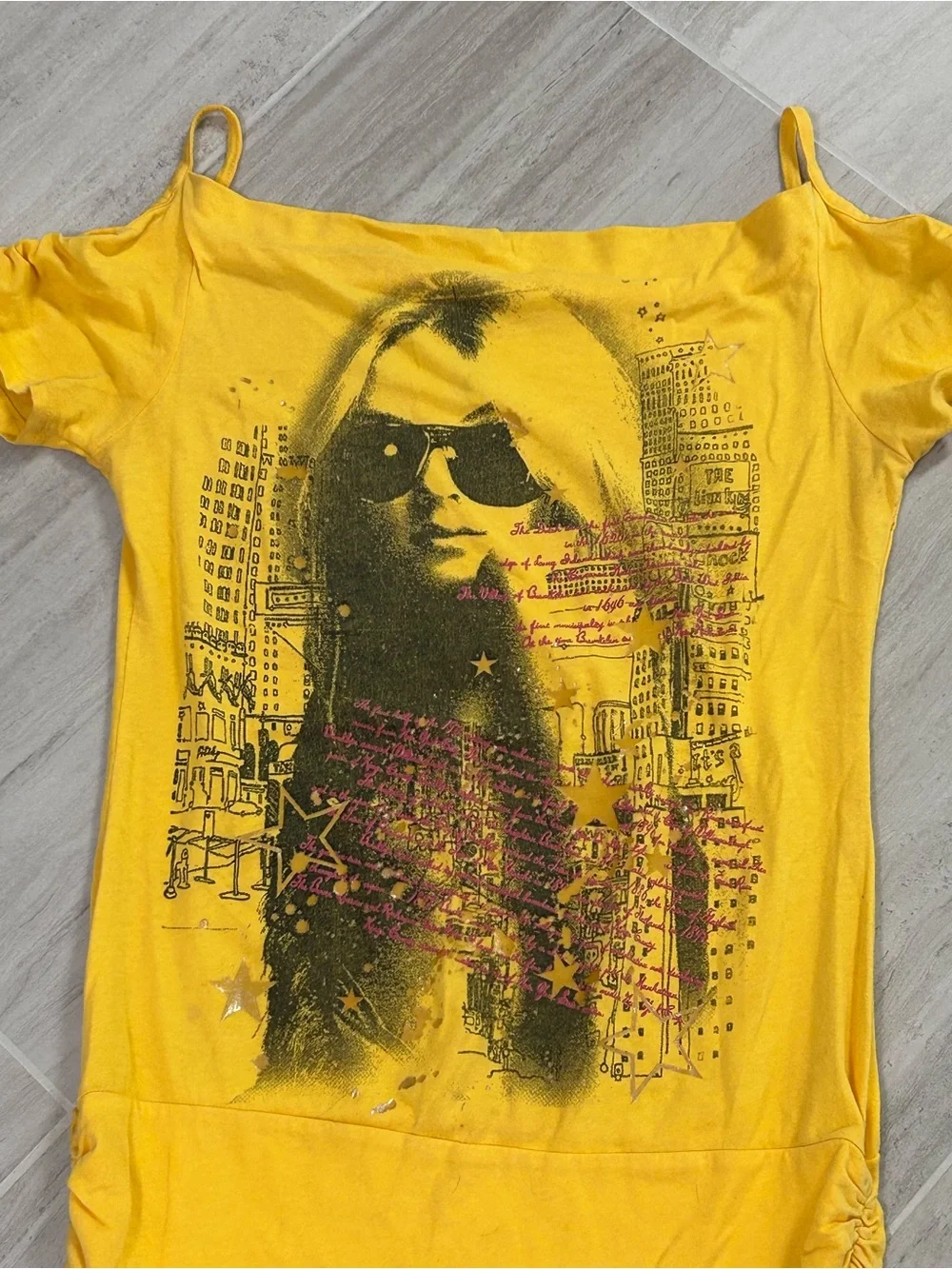 Y2K Papaya Yellow Graphic Off-Shoulder Tee with Straps